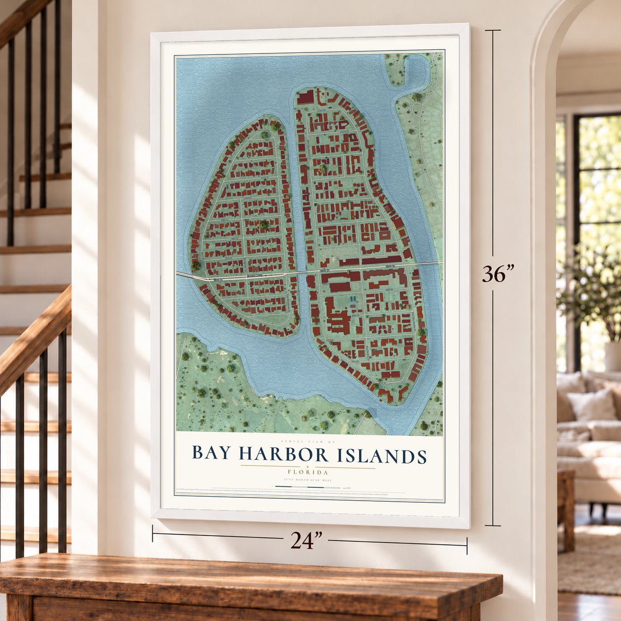 Bay Harbor Islands, Florida map, 24 x 36 inch print in a white frame by a staircase