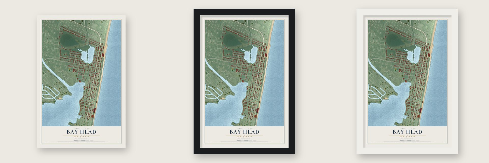 Bay Head, New Jersey map unframed, in a black wood frame and in a white wood frame