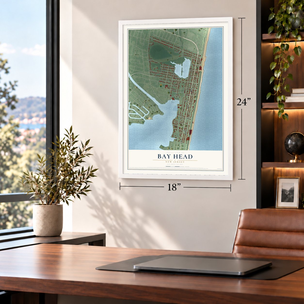 Bay Head, New Jersey map, 18 x 24 inch print in a white frame in a home office