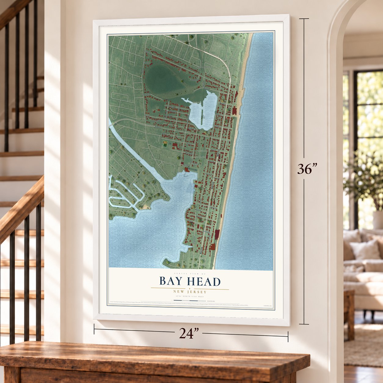 Bay Head, New Jersey map, 24 x 36 inch print in a white frame by a staircase