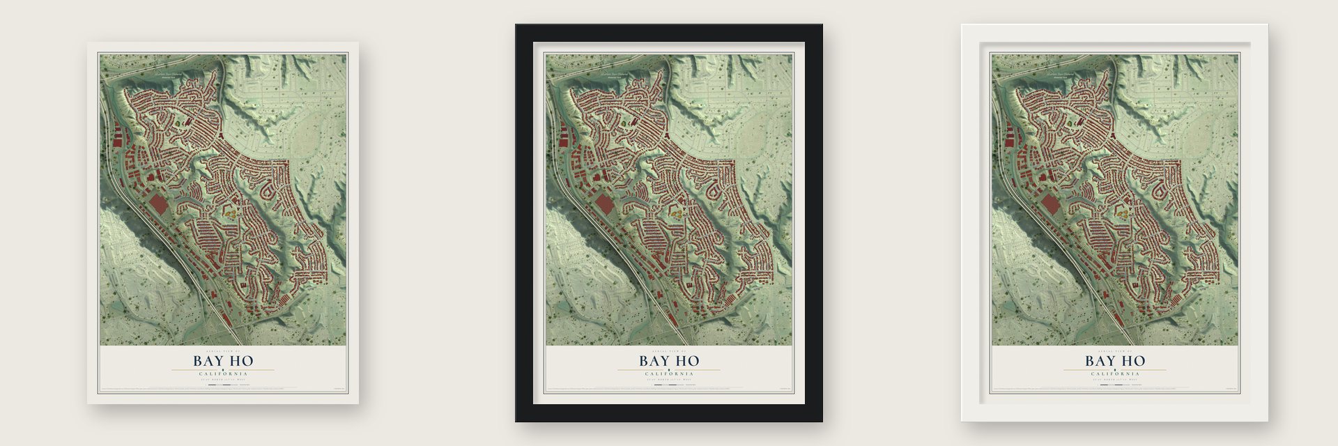 Bay Ho, California map unframed, in a black wood frame and in a white wood frame