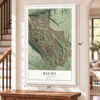 Bay Ho, California map, 24 x 36 inch print in a white frame by a staircase