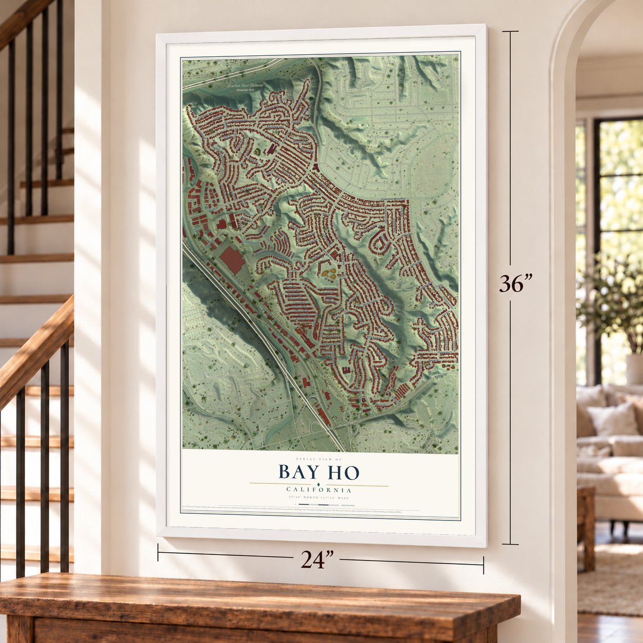 Bay Ho, California map, 24 x 36 inch print in a white frame by a staircase