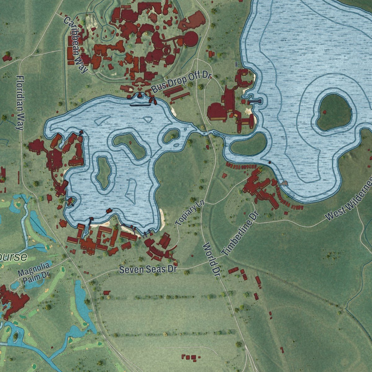 Second close-up of the map of Bay Lake, Florida print showing more streets and buildings