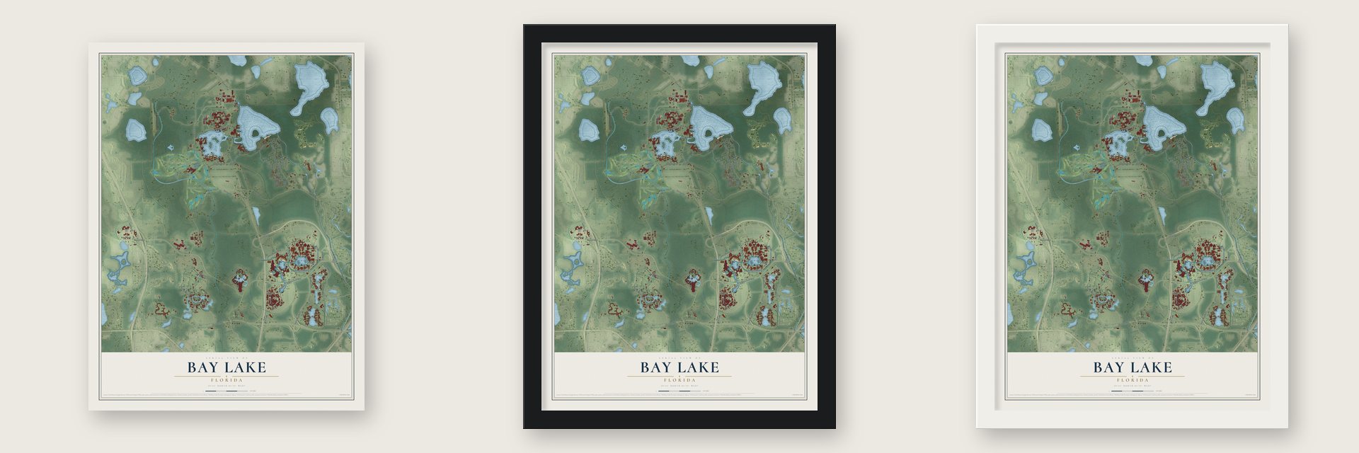 Bay Lake, Florida map unframed, in a black wood frame and in a white wood frame
