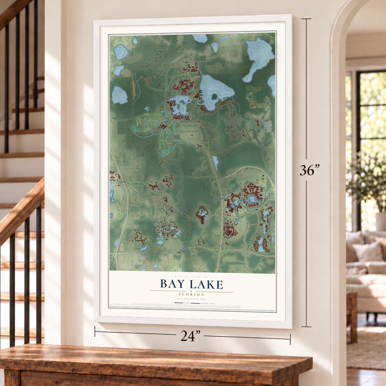 Bay Lake, Florida map, 24 x 36 inch print in a white frame by a staircase