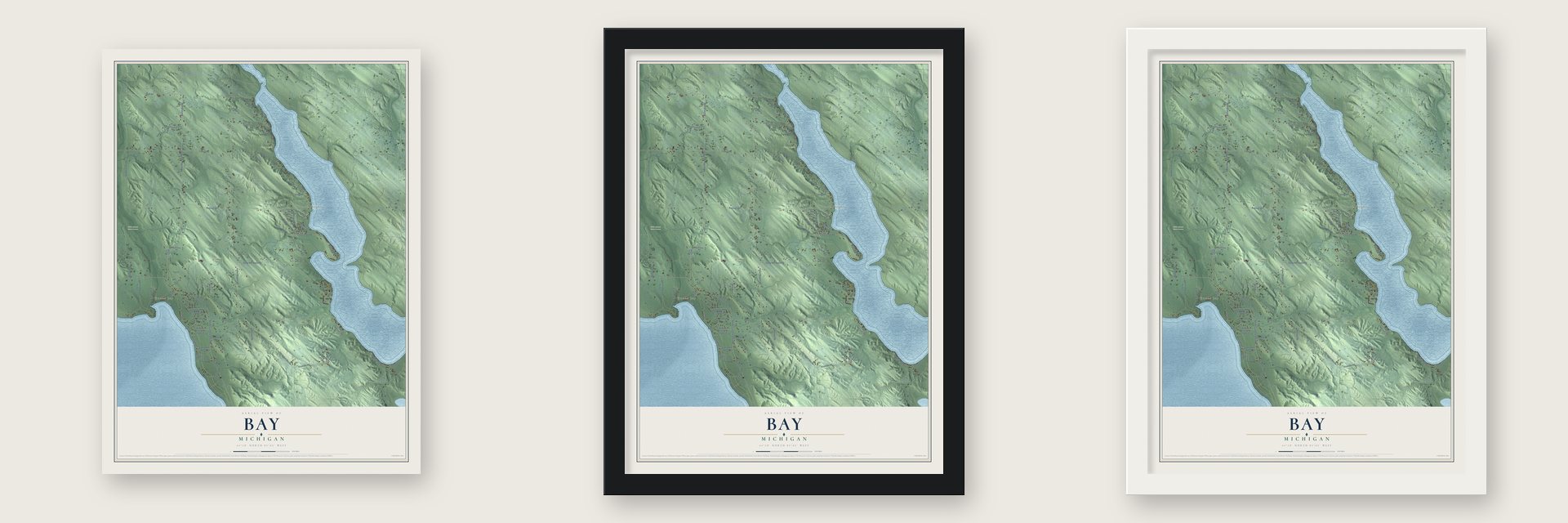 Bay, Michigan map unframed, in a black wood frame and in a white wood frame