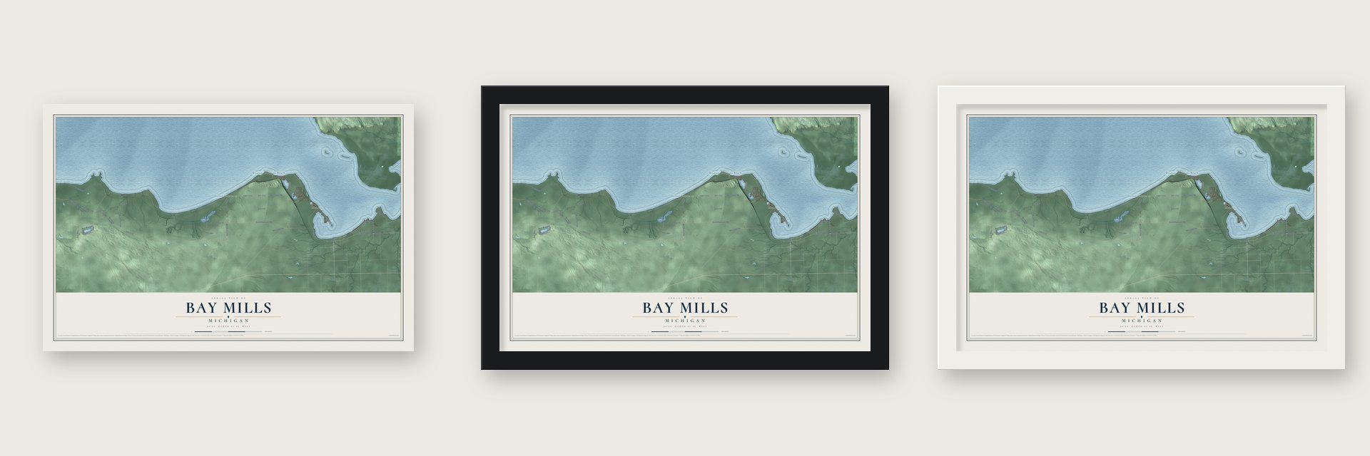Bay Mills, Michigan map unframed, in a black wood frame and in a white wood frame