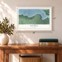Bay Mills, Michigan map, 12 x 18 inch print in a white frame in an entryway