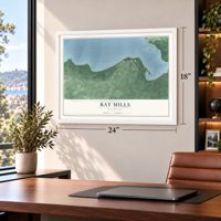 Bay Mills, Michigan map, 18 x 24 inch print in a white frame in a home office
