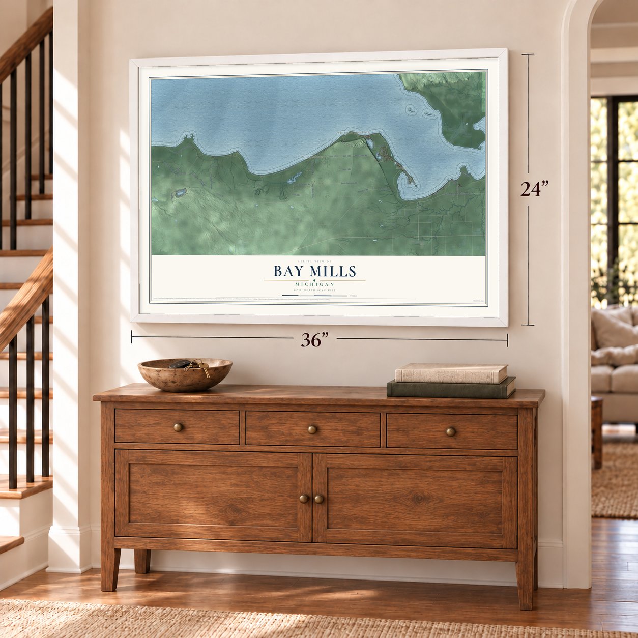 Bay Mills, Michigan map, 24 x 36 inch print in a white frame above a dresser by a staircase
