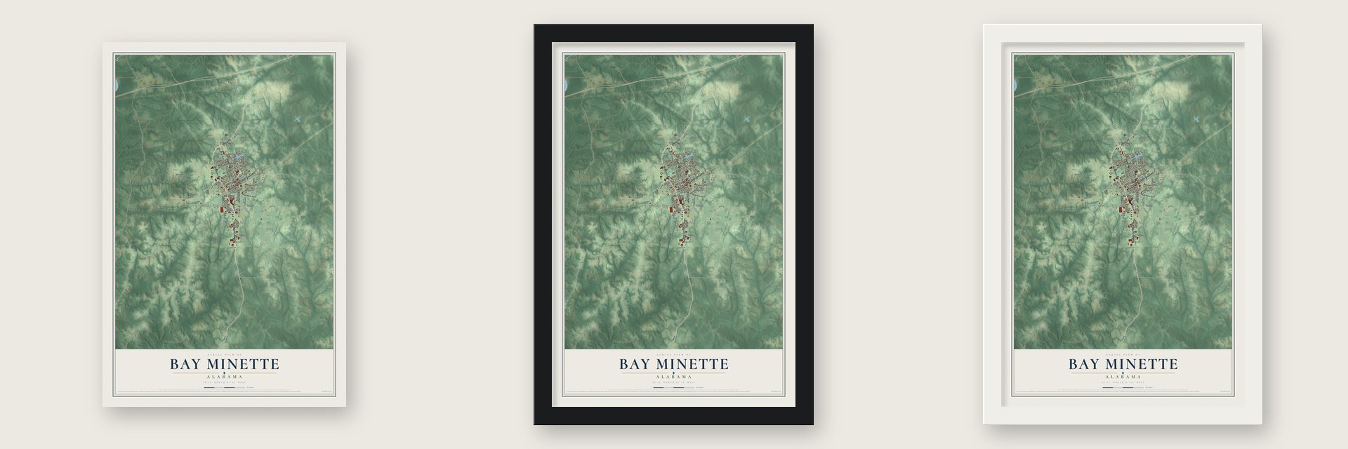 Bay Minette, Alabama map unframed, in a black wood frame and in a white wood frame