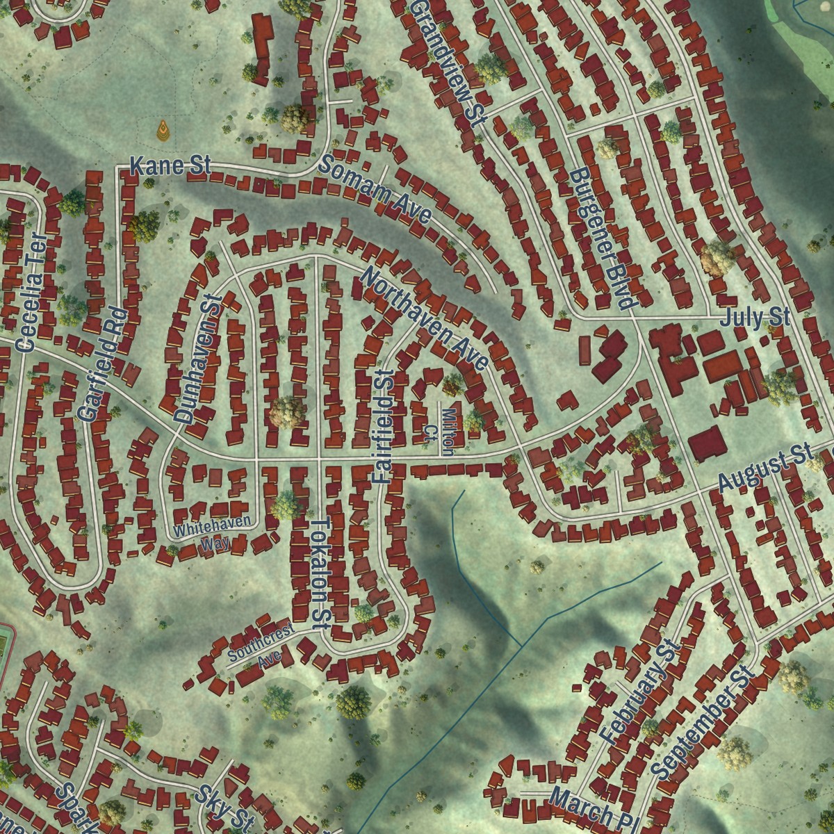 Second close-up of the map of Bay Park, California print showing more streets and buildings