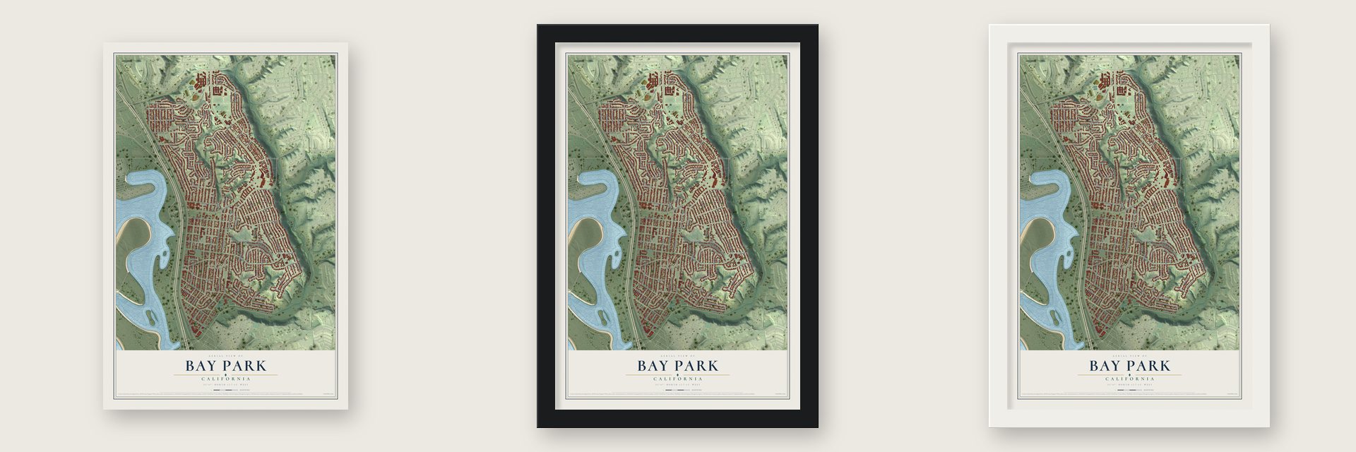 Bay Park, California map unframed, in a black wood frame and in a white wood frame