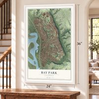 Bay Park, California map, 24 x 36 inch print in a white frame by a staircase