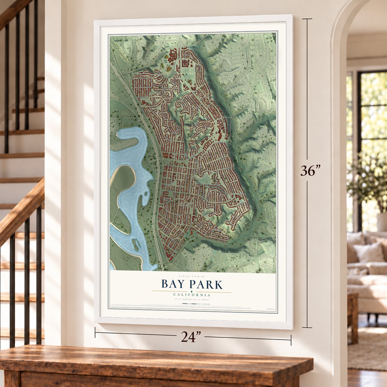 Bay Park, California map, 24 x 36 inch print in a white frame by a staircase