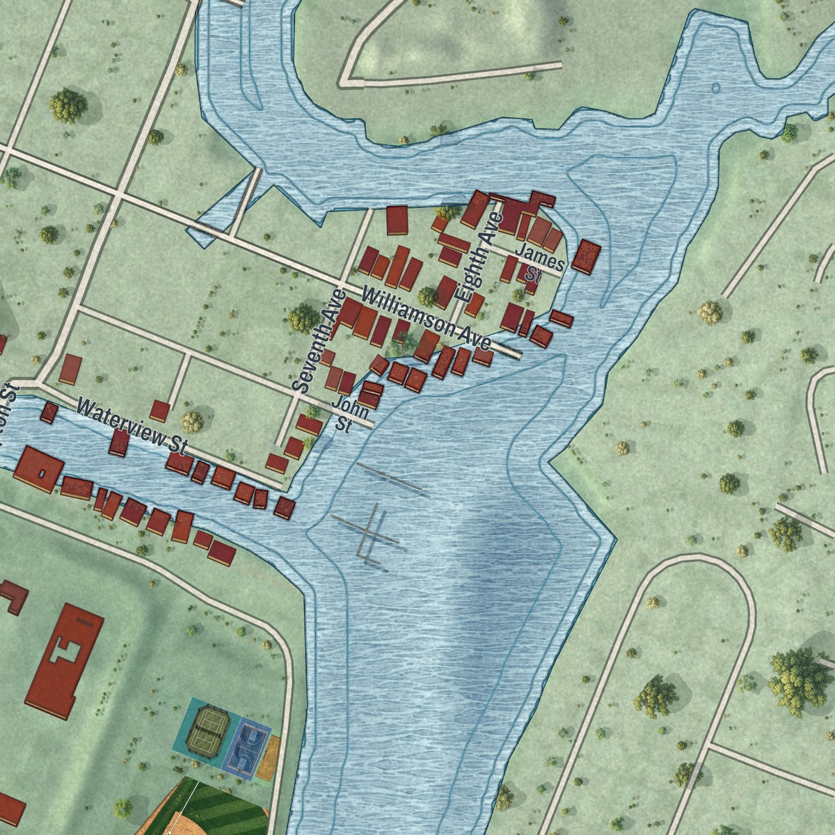 Second close-up of the map of Bay Park, New York print showing more streets and buildings