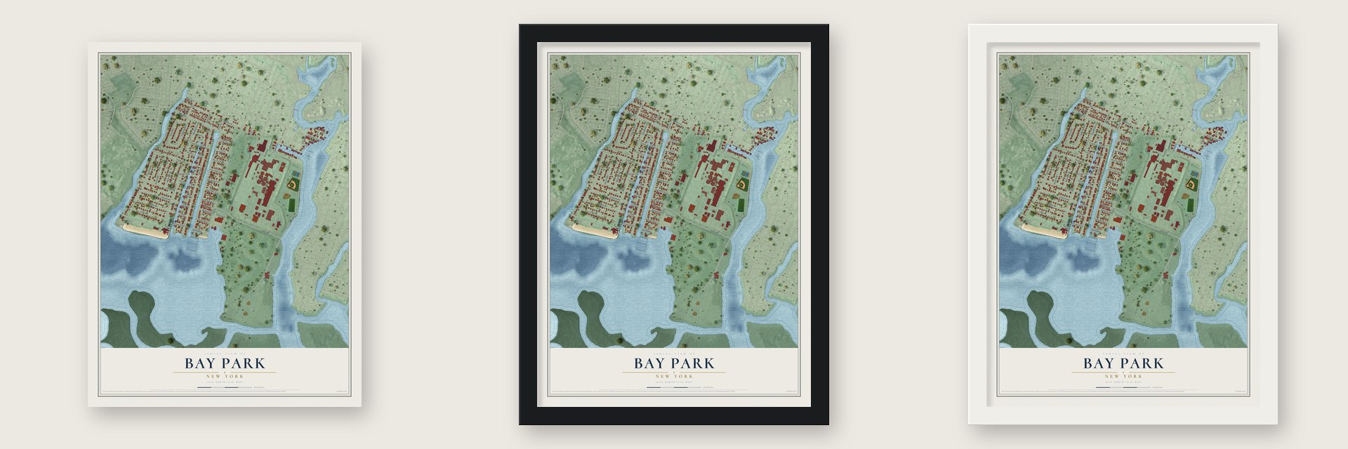 Bay Park, New York map unframed, in a black wood frame and in a white wood frame
