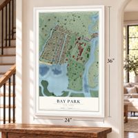 Bay Park, New York map, 24 x 36 inch print in a white frame by a staircase