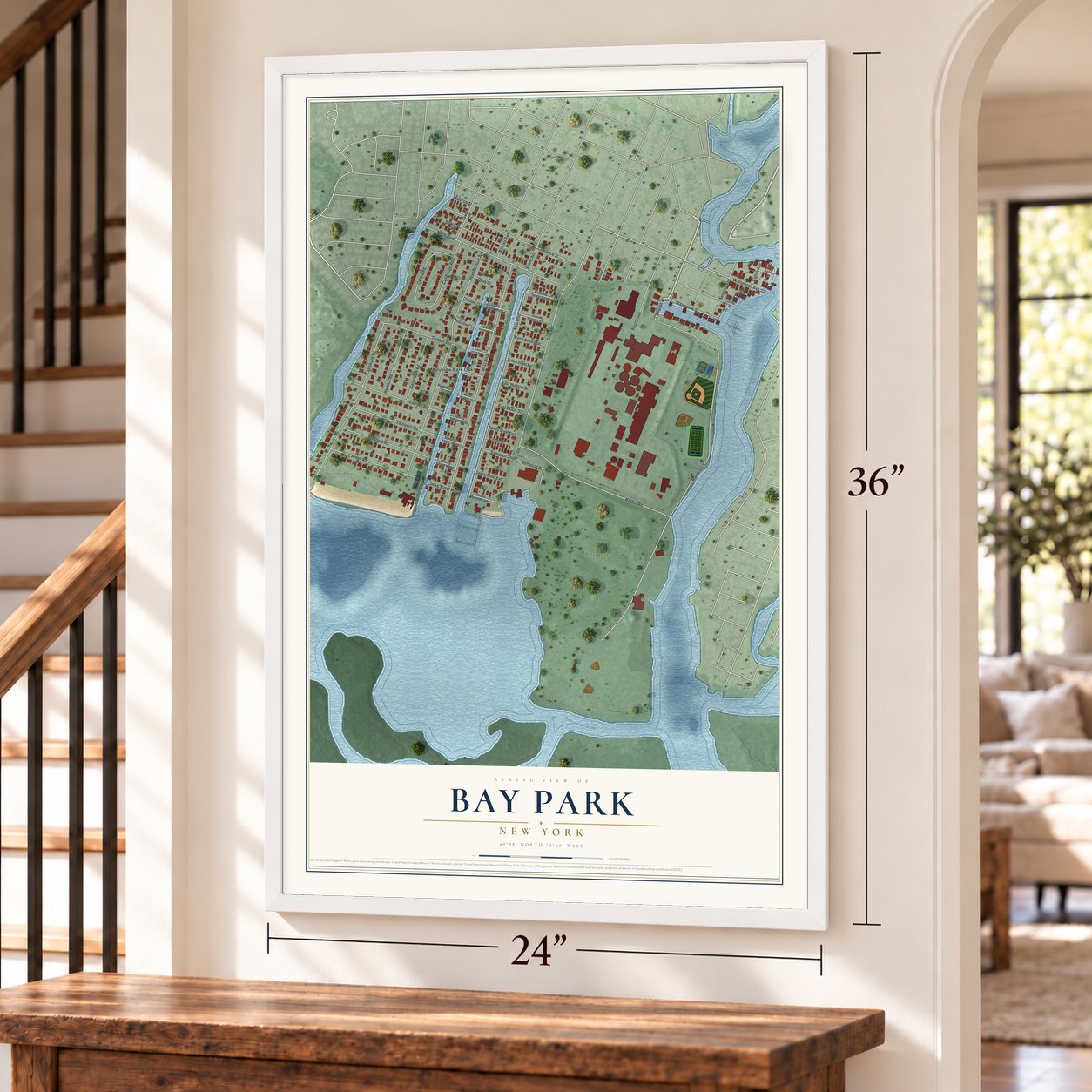 Bay Park, New York map, 24 x 36 inch print in a white frame by a staircase