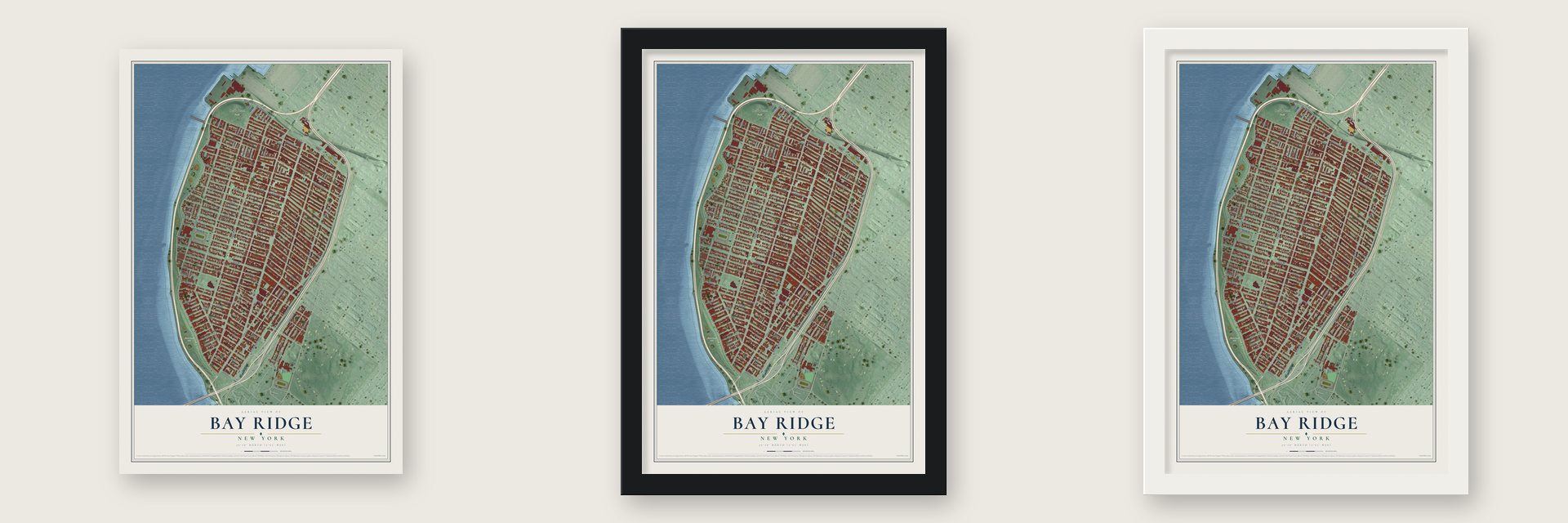 Bay Ridge, New York map unframed, in a black wood frame and in a white wood frame