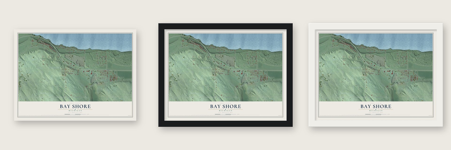 Bay Shore, Michigan map unframed, in a black wood frame and in a white wood frame