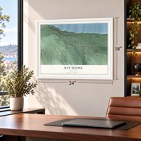 Bay Shore, Michigan map, 18 x 24 inch print in a white frame in a home office