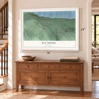 Bay Shore, Michigan map, 24 x 36 inch print in a white frame above a dresser by a staircase