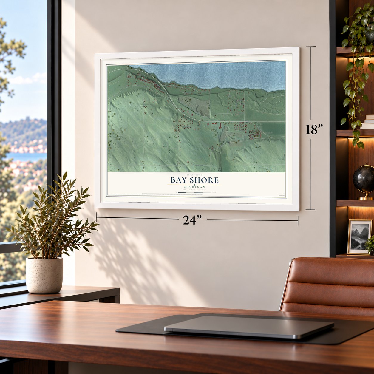 Bay Shore, Michigan map, 18 x 24 inch print in a white frame in a home office
