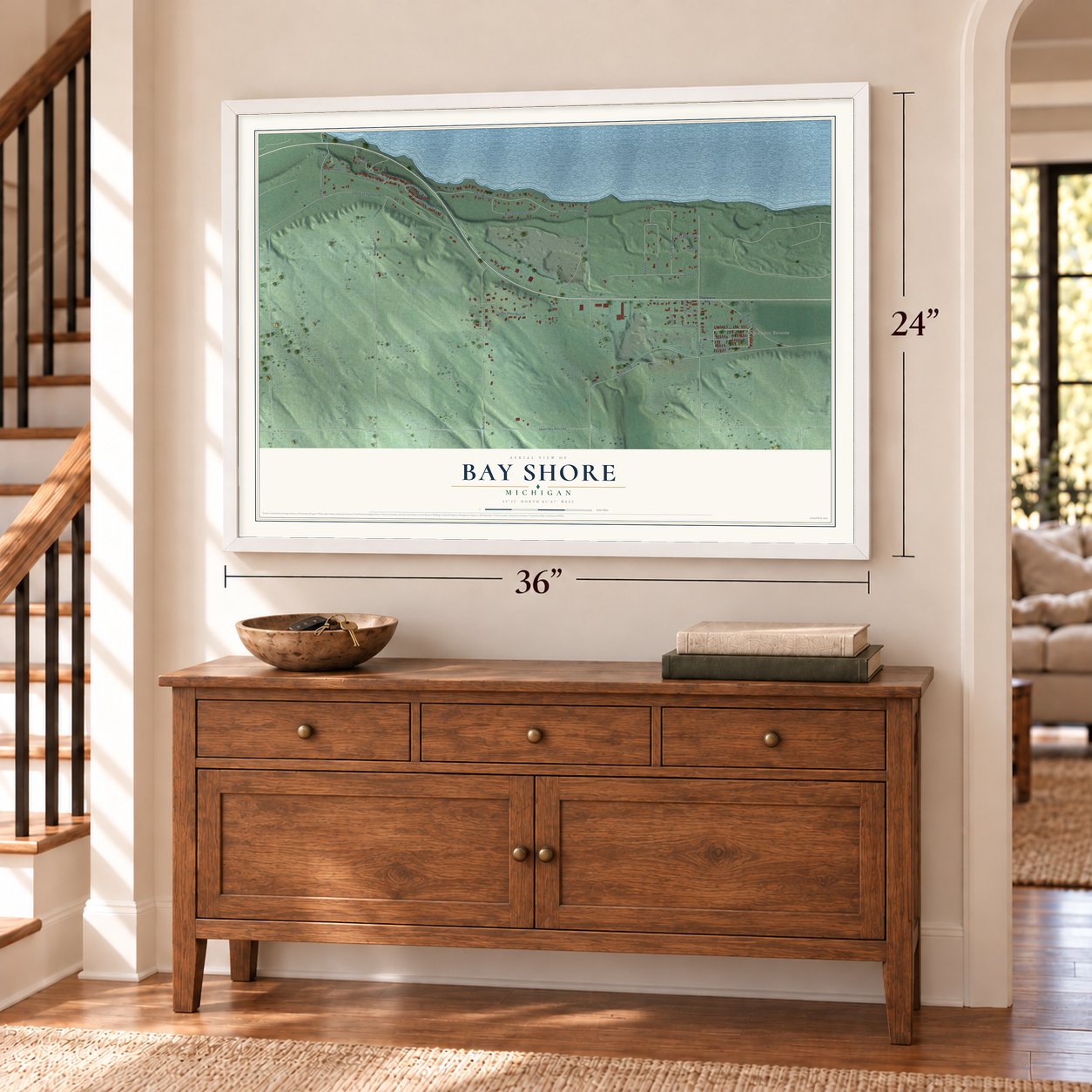 Bay Shore, Michigan map, 24 x 36 inch print in a white frame above a dresser by a staircase