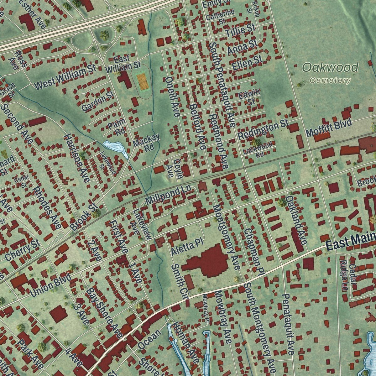 Second close-up of the map of Bay Shore, New York print showing more streets and buildings