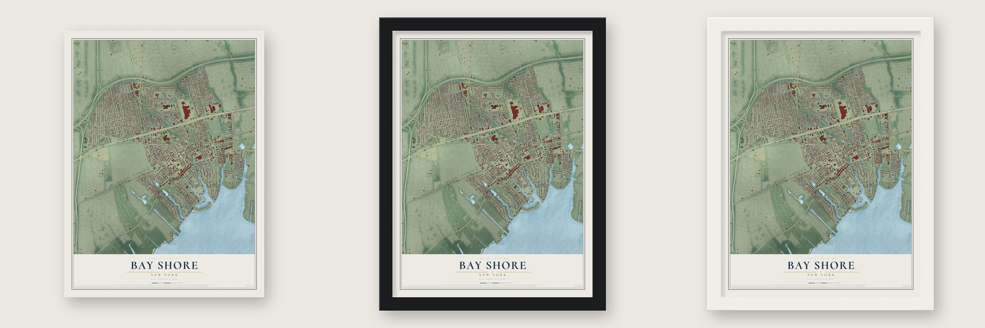 Bay Shore, New York map unframed, in a black wood frame and in a white wood frame