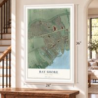 Bay Shore, New York map, 24 x 36 inch print in a white frame by a staircase