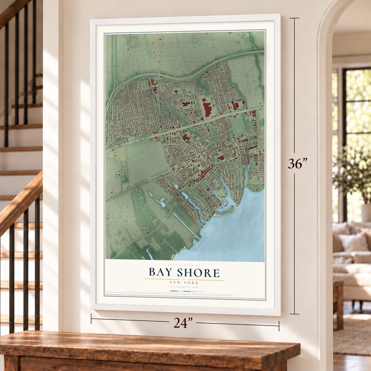 Bay Shore, New York map, 24 x 36 inch print in a white frame by a staircase