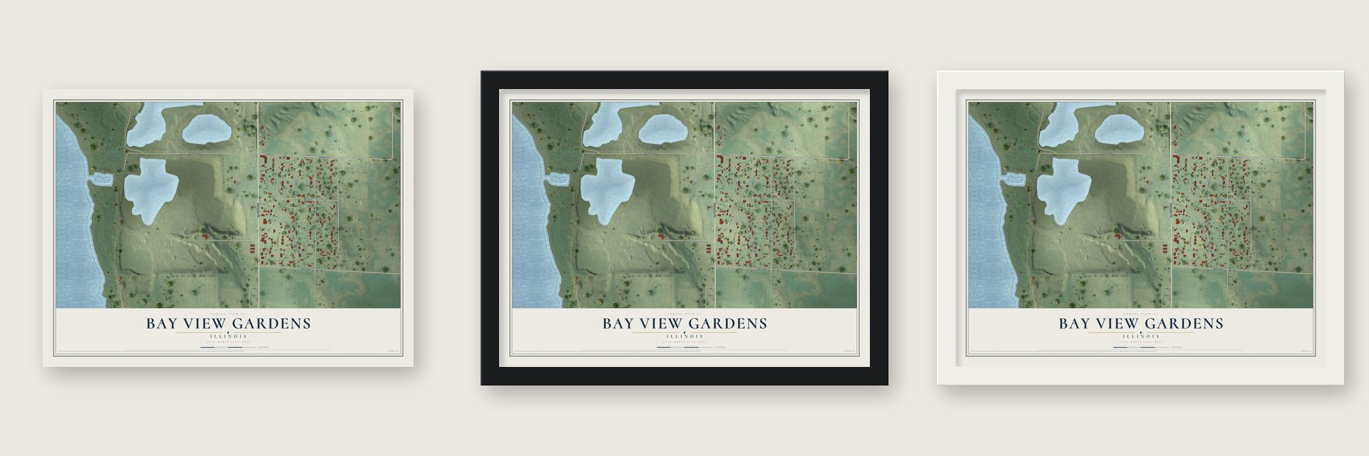 Bay View Gardens, Illinois map unframed, in a black wood frame and in a white wood frame