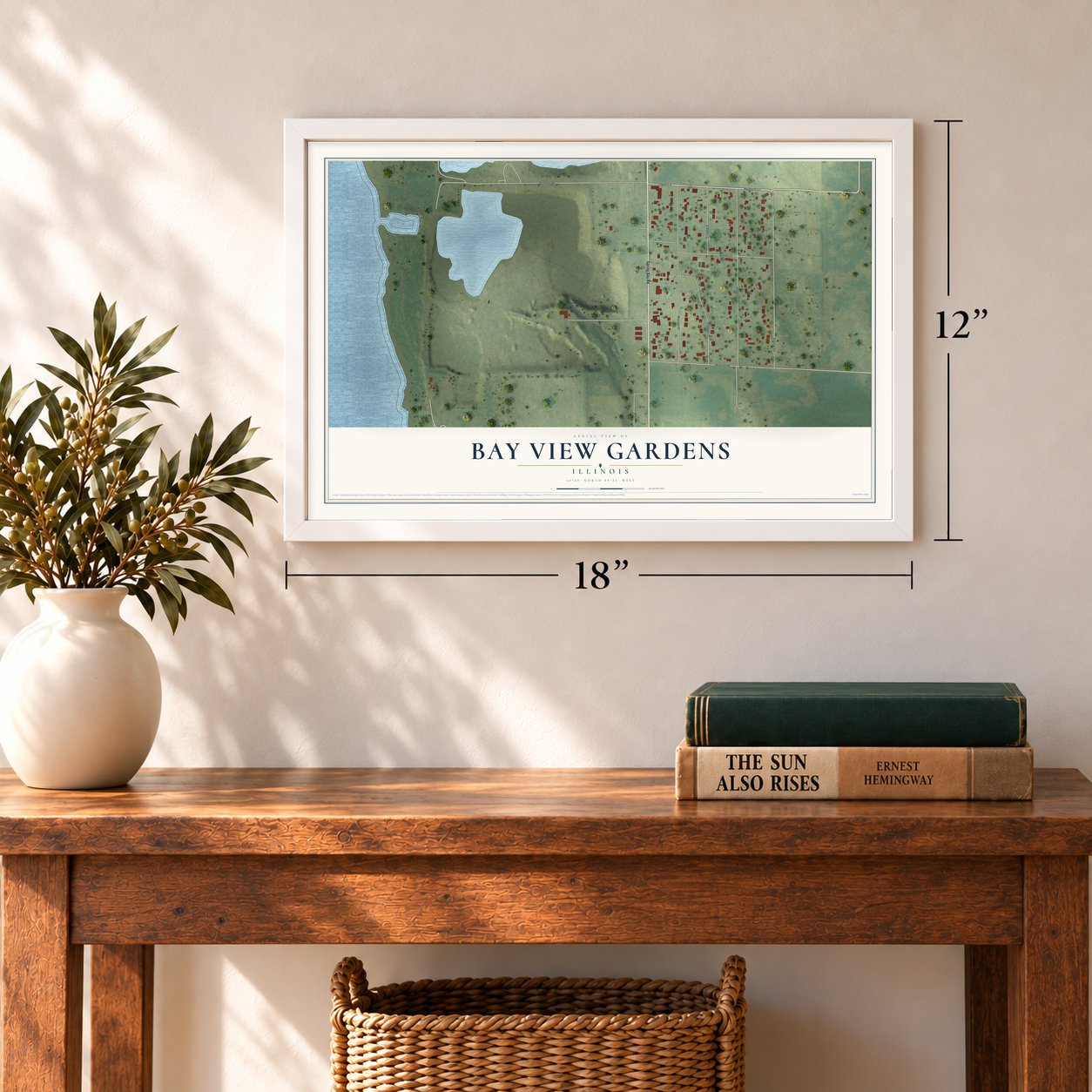 Bay View Gardens, Illinois map, 12 x 18 inch print in a white frame in an entryway