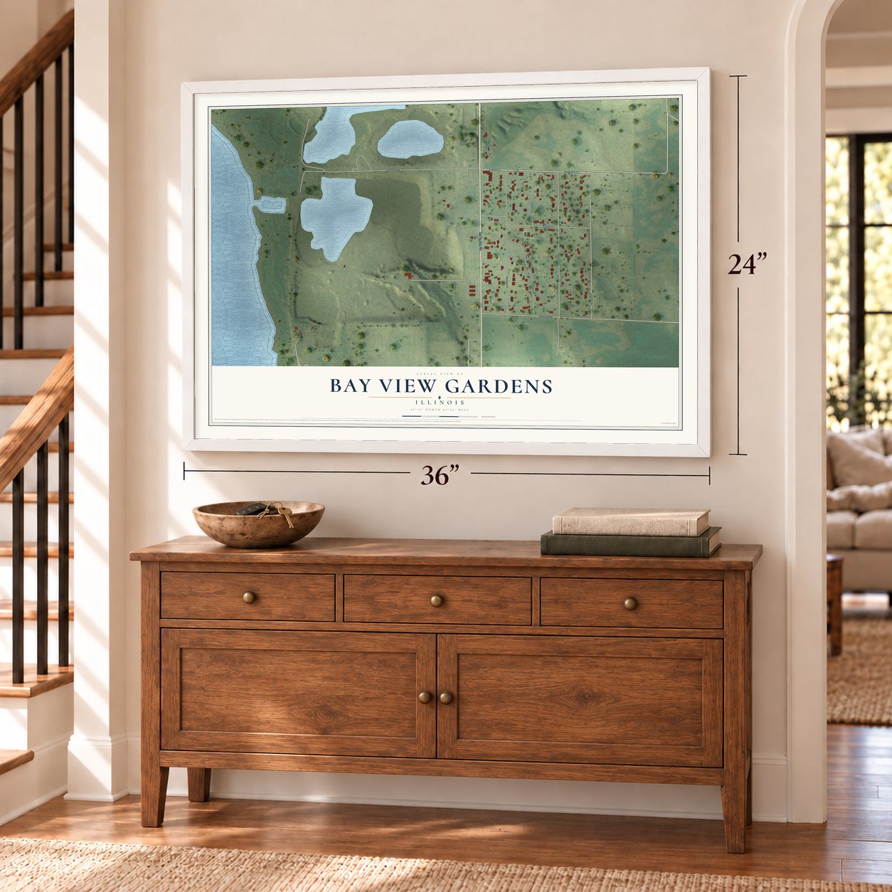 Bay View Gardens, Illinois map, 24 x 36 inch print in a white frame above a dresser by a staircase