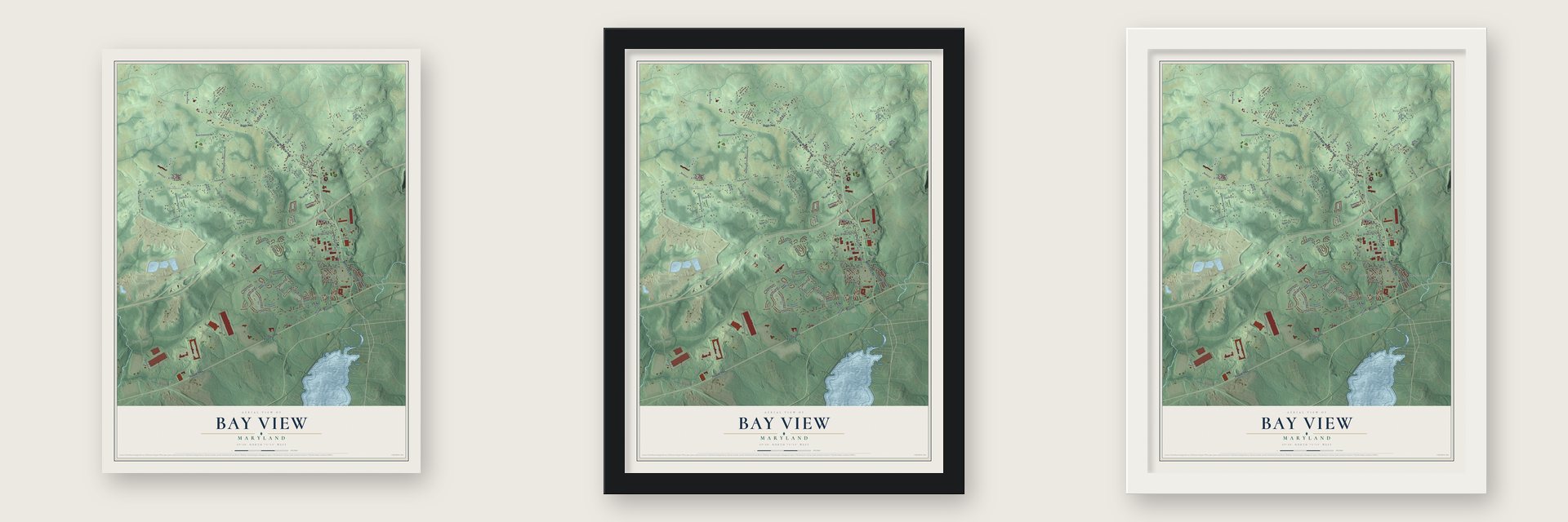 Bay View, Maryland map unframed, in a black wood frame and in a white wood frame