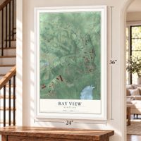 Bay View, Maryland map, 24 x 36 inch print in a white frame by a staircase