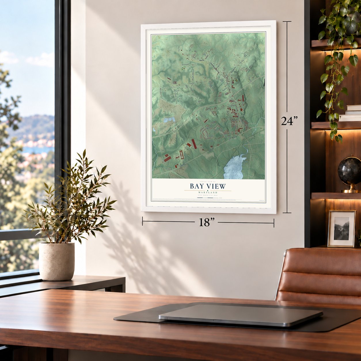 Bay View, Maryland map, 18 x 24 inch print in a white frame in a home office