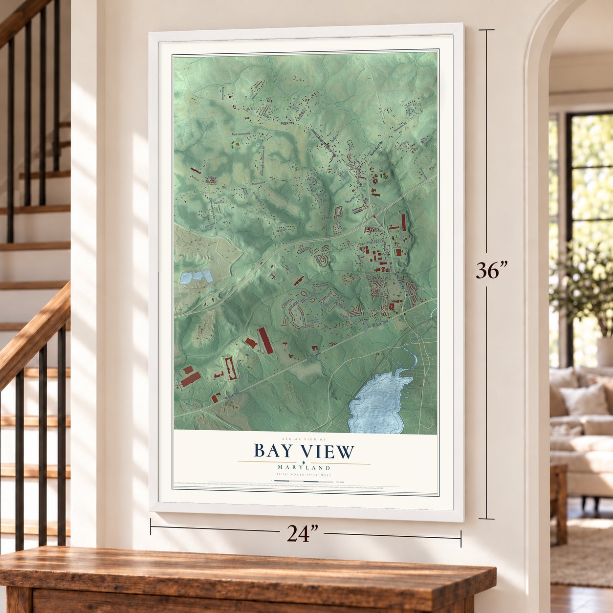 Bay View, Maryland map, 24 x 36 inch print in a white frame by a staircase