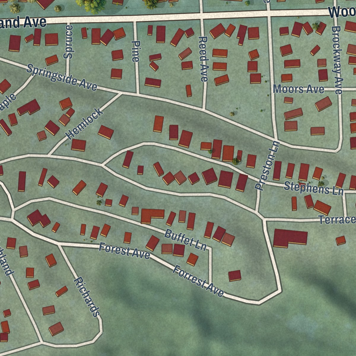 Second close-up of the map of Bay View, Michigan print showing more streets and buildings