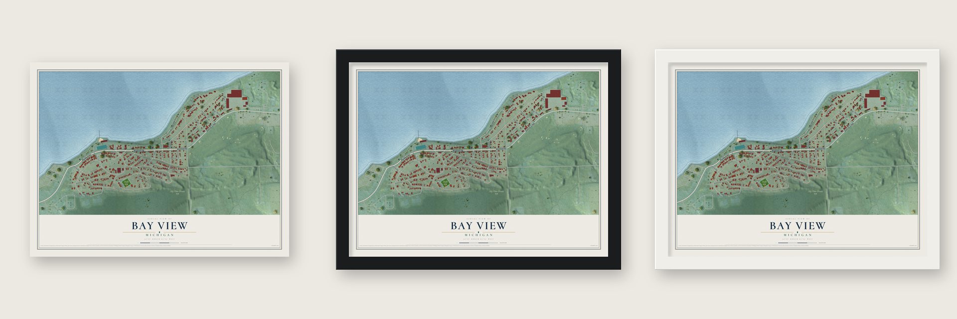 Bay View, Michigan map unframed, in a black wood frame and in a white wood frame
