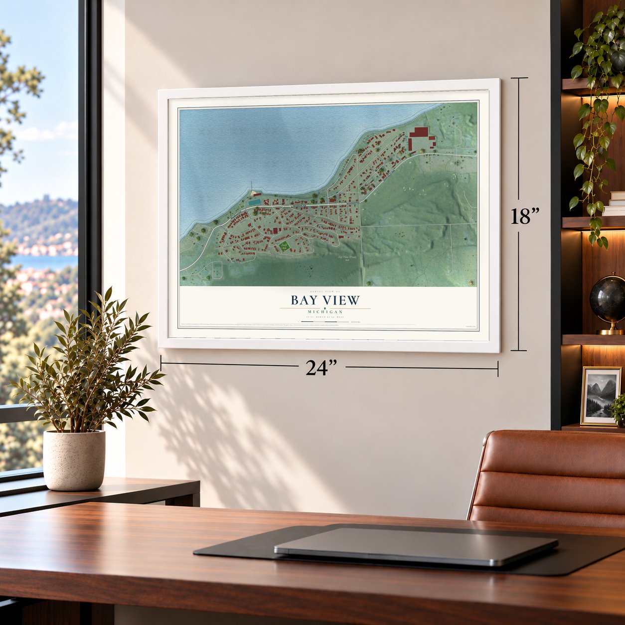 Bay View, Michigan map, 18 x 24 inch print in a white frame in a home office