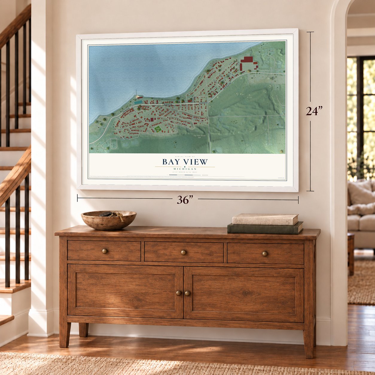 Bay View, Michigan map, 24 x 36 inch print in a white frame above a dresser by a staircase