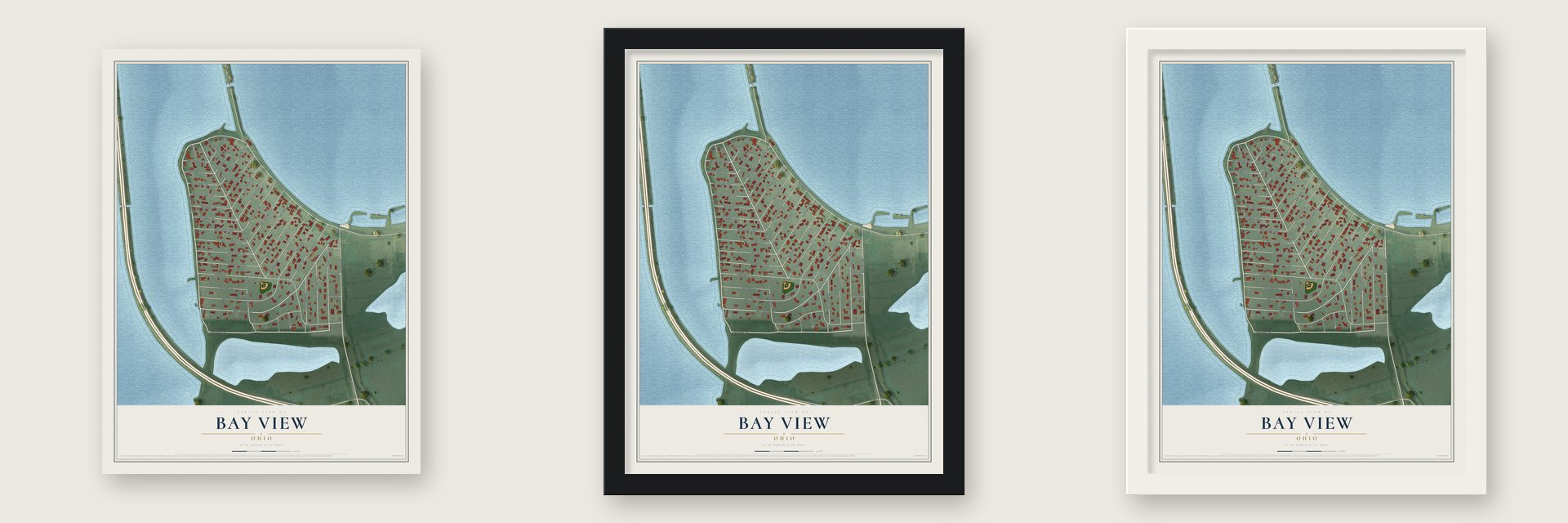 Bay View, Ohio map unframed, in a black wood frame and in a white wood frame