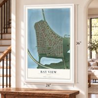 Bay View, Ohio map, 24 x 36 inch print in a white frame by a staircase