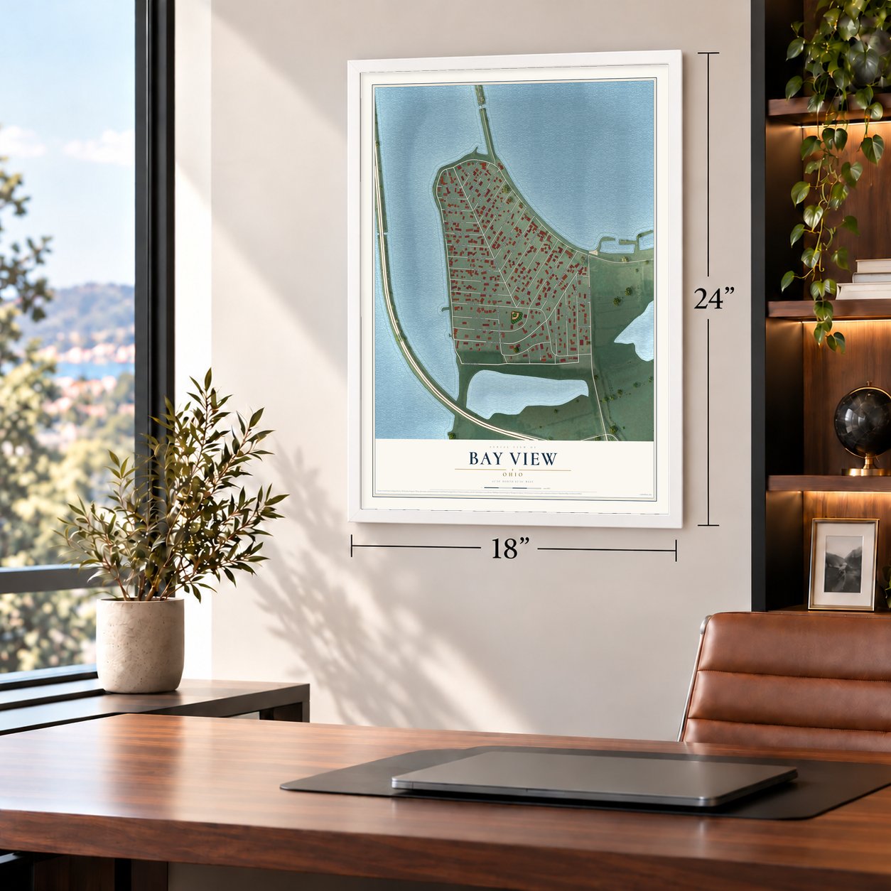 Bay View, Ohio map, 18 x 24 inch print in a white frame in a home office