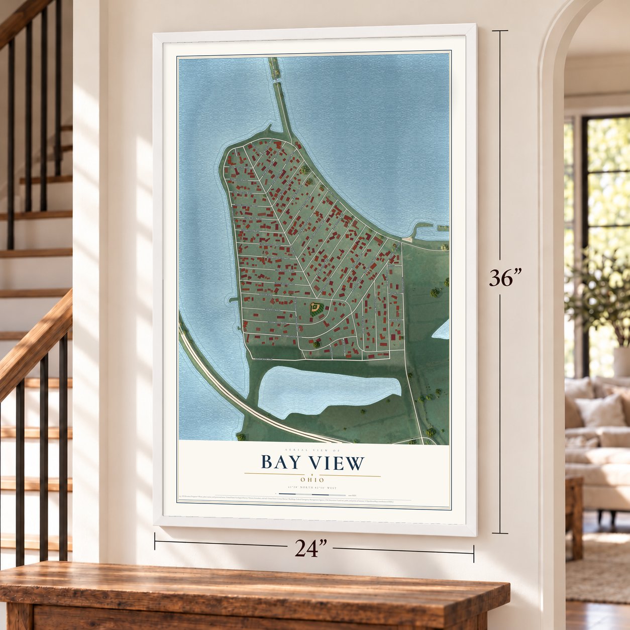 Bay View, Ohio map, 24 x 36 inch print in a white frame by a staircase