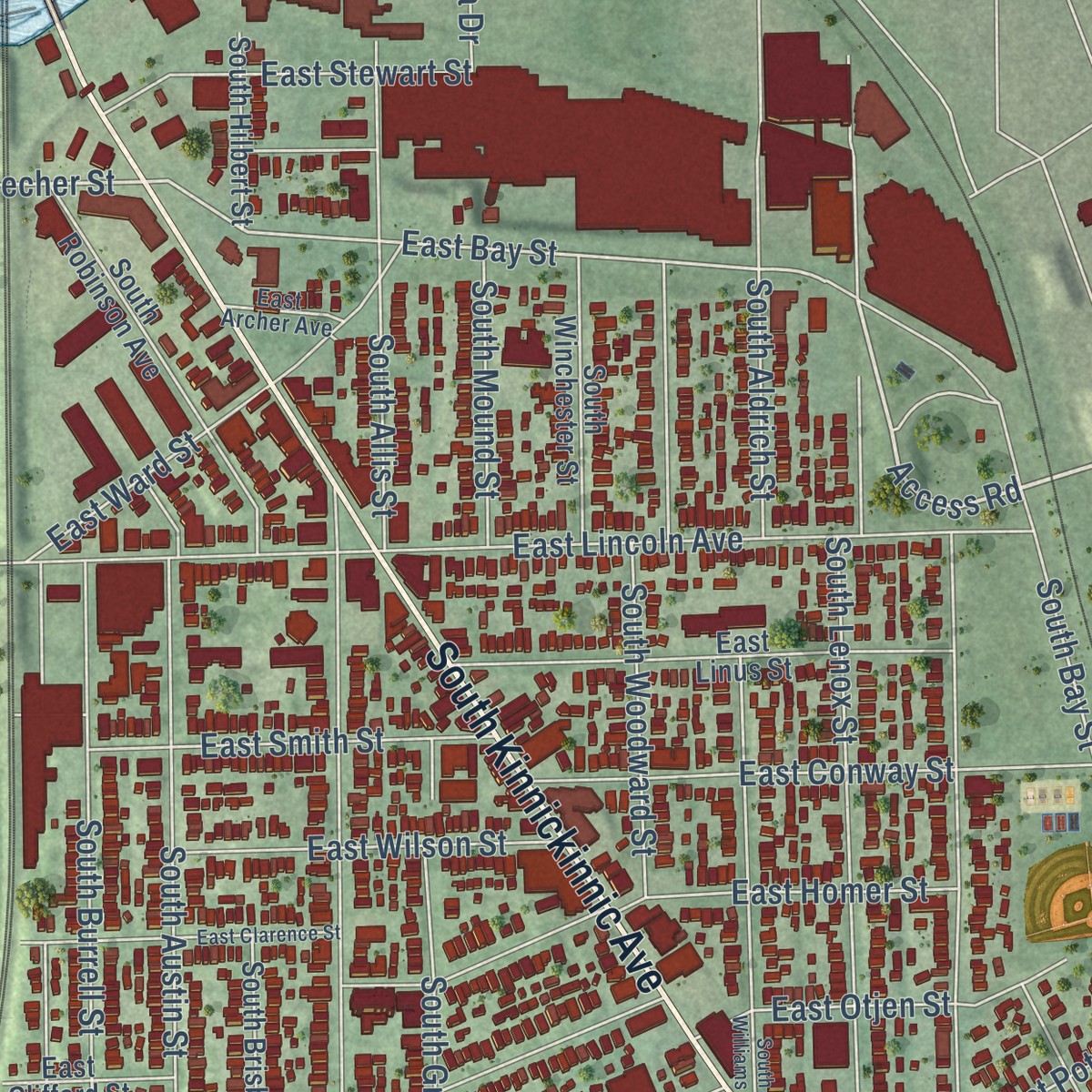 Second close-up of the map of Bay View, Wisconsin print showing more streets and buildings